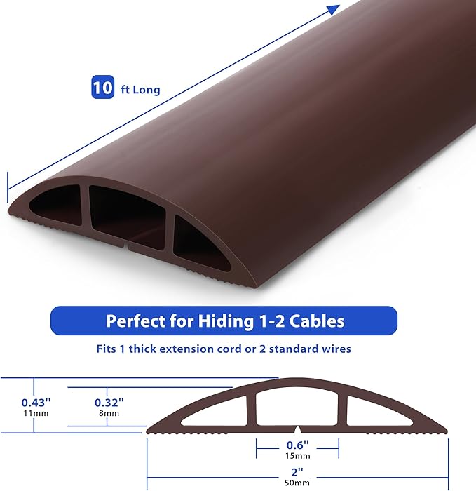 Floor Cord Cover 10ft, Cord Hider Floor Hide Extension Cords, Floor Cable Management Prevent Cable Trips, Floor Cable Cover Wire Covers for Cords, Cable Protector Cord Cavity W0.6in x H0.32in Brown