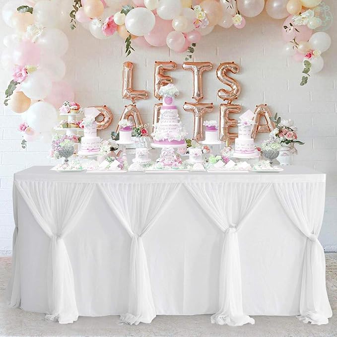Besutolife White Tulle Table Skirt 6ft Wrinkle-Free Tutu Tablecloth for Gender Reveal, Wedding, Birthday, Reception, Banquet, Photo Booth, Party Table Decorations