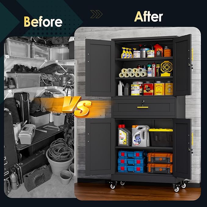 Metal Tall Storage Cabinet with Drawer, Garage Storage Cabinet with Locking Doors and 3 Adjustable Shelves, 71" H Steel Cabinets for Garage, Home, Office, Black, Assembly Required