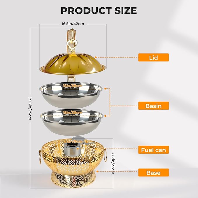 8QT Golden Chafing Dishes for Buffet, 6Pcs Round Stainless Steel Chafing Dish Set for Parties, Christmas Gatherings, Home, Catering Events Complete Buffet Warmer Colder Set (6)