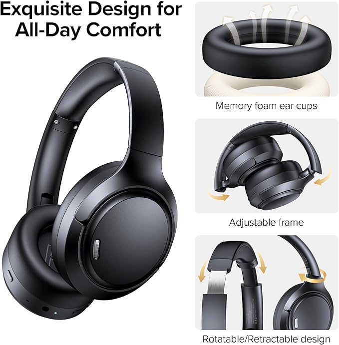 Hybrid Active Noise Cancelling Headphones Wireless, 120Hrs Playtime, 6 ENC Clear Mic, Over Ear Bluetooth Headphones with Hi-Res Audio Comfort Earcup Foldable ANC Headphone for Travel Game Home Office