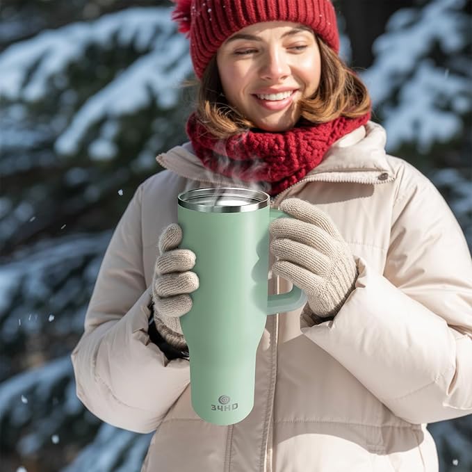 34HD 40 oz Stainless Steel Tumbler - Leakproof Insulated Water Bottle with Handle, Magnetic Lid and Flexible Straw - Iced for 48 Hours – Perfect for Men, Women, Birthday Gift, Green - Matcha Whisper