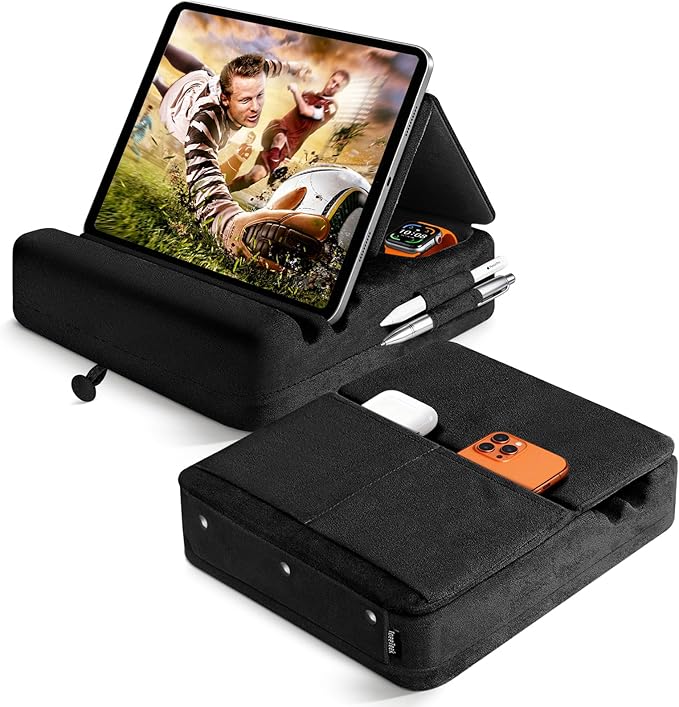 TpeeTeek Tablet Pillow Stand with Storage, Foldable iPad Holder for Lep, Bed, Sofa, and Desk - Soft Pad Dock with Pocket and Stylus Mount Compatible with 4-13" iPad Pro/Air/Mini, Galaxy Tab, Kindle