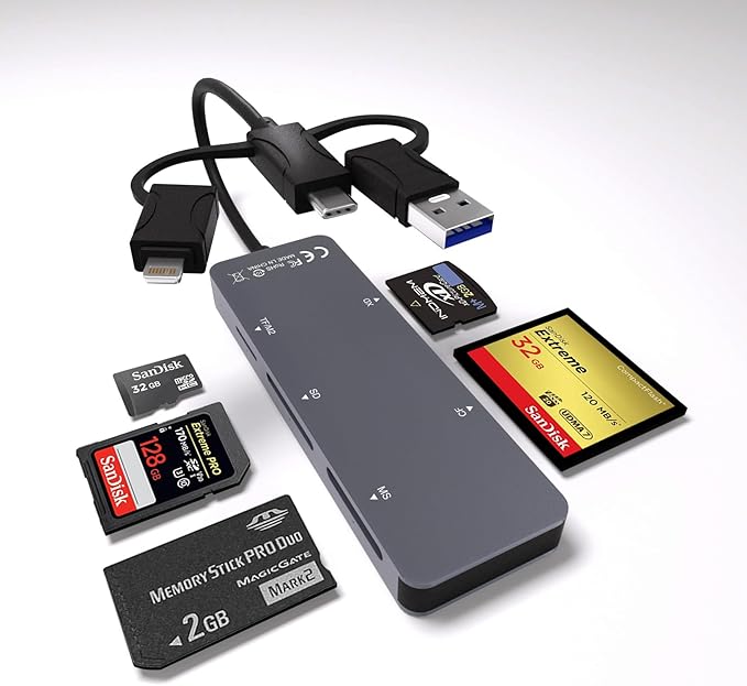 Memory Stick Pro Duo Adapter - 5 in 1 Aluminum Multi Memory Card Reader with Triple Lightning/USB-C/USB 3.0 for SD/Micro SD/MS/XD/CF/Pro-HG Duo, Sony Memory Stick Pro Duo Adapter for iPhone/Android/PC
