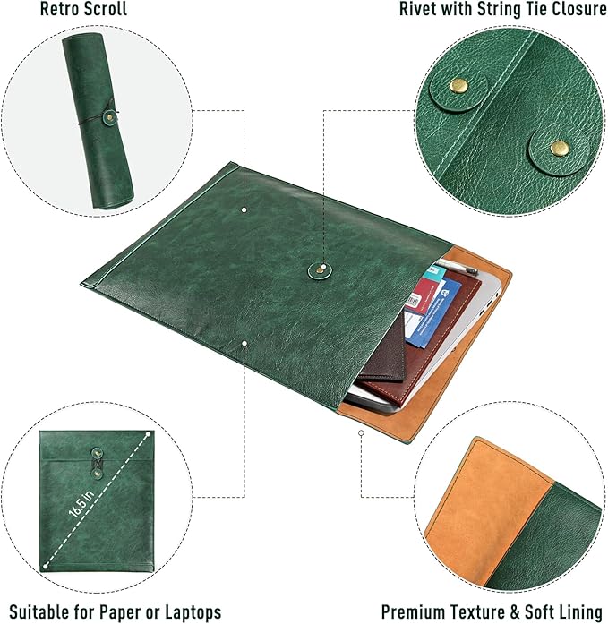 Green PU Leather File Folder for Documents,Important Document Folder with String Tie,Laptop Sleeve Notebook Case,Leather File Organizer, A4 Envelopes Filing Folder