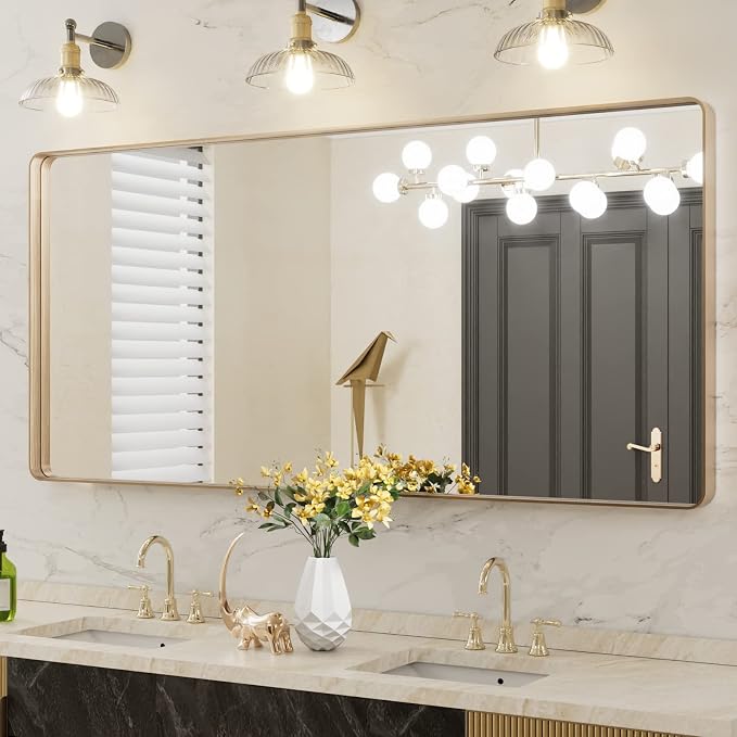 LOAAO 60”X28” Gold Bathroom Mirror, Rounded Rectangle Gold Frame Mirror, Brushed Gold Bathroom Vanity Mirror Wall-Mounted, Anti-Rust, Tempered Glass, Hangs Horizontally or Vertically