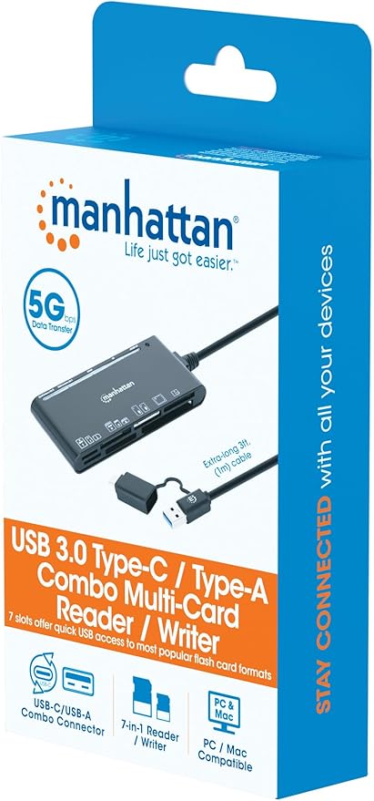 Manhattan 7 in 1 USB C & USB A Combo Multi Card Reader – Long 3 ft Cable – 5Gbps USB 3.0 - SD, TF, CF, Micro SD, XD, MS - Multiple Adapter Hub – 3 Yr Mfg Warranty – 102605