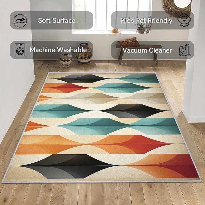 Mid Century Modern Area Rug 4x4, Washable Non Slip Low Pile Abstract Geometric Carpet for Living Room Bedroom Dining Room, Contemporary Retro Accent Rug, Ivory Teal Orange Black