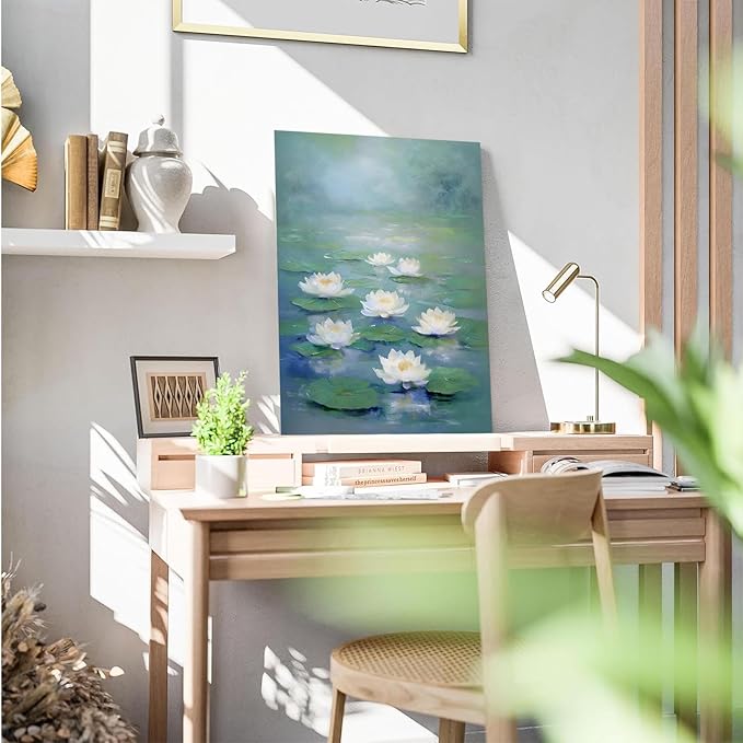 Zen wall art Delicate white lotus flower floating on calm water Vintage oil painting print Serene aquatic wall art creates a tranquil home decor 8x12in Wood Framed