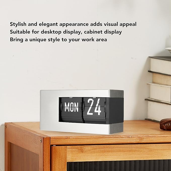Flip Desk Clock, Intelligent Perpetual Calendar Unique Flip Design Flip Clock 2600Mah Built in Batteries Digital Flip Down Clock for Home Room Office (Silver)