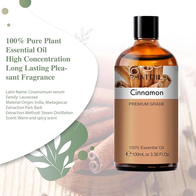 PHATOIL 100ML Cinnamon Essential Oil, Huge 3.38fl.oz Bottle Cinnamon Oil, Aromatherapy Oils for Diffuser, Humidifier, DIY, Essential Oil Singles