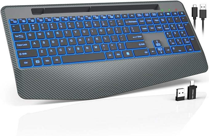 Wireless Keyboard with 7 Colored Backlit, Wrist Rest, Phone Holder, Rechargeable Ergonomic Computer Keyboard with Silent Key, Full Size Lighted Keyboard for Windows, MacBook, PC, Laptop (Gray)