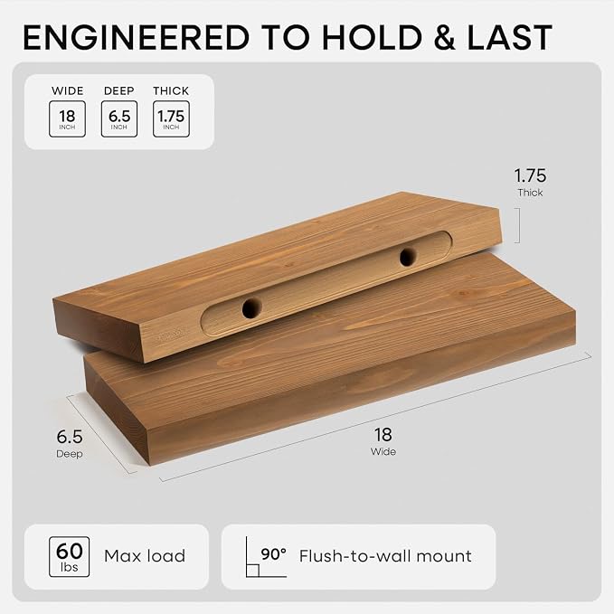 Homeforia 18 inch Golden Oak Floating Shelf, High End Solid Real Wood 18inch Small Floating Shelves for Wall Mounted, Oak Wooden 18in Floating Shelves, Heavy Duty Bracket, 18 X 6.5 X 1.75 in, Set of 4
