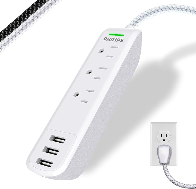 Philips Surge Protector Power Strip, 3 Outlet Surge Protector, 6Ft Cord Power Strip, Surge Protector with USB Ports, 3-Prong Flat Plug Power Strip, 360J Surge Protector Outlet, White, SPP3306WB/37