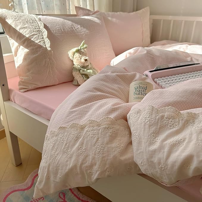 LifeTB Pink Gingham Comforter Set Full Size Soft Fluffy Romantic Lace Bedding Set Cottagecore Cute Plaid Checkered Comforter Set 3 Pieces Pink Grid Farmhouse Bedding Comforter with 2 Pillowcases