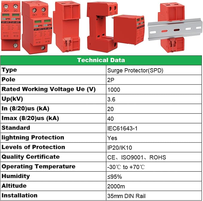 2P 40KA Voltage Surge Protector DC 1000V Solar PV Lightning Arrester Device for Rv, Home Lightning Protection System 35mm DIN Rail Mount (2pcs)