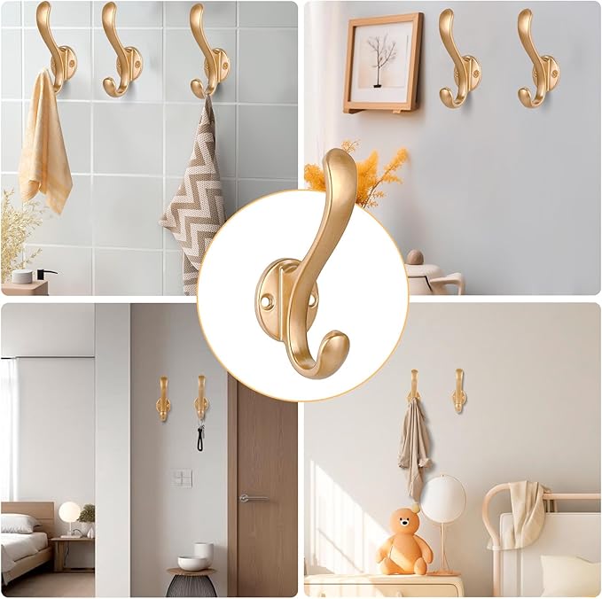 10 Pack Coat Hooks Wall Mount Heavy Duty Utility Retro Double Hooks for Hanging Coats,Hat, Towel, Key, Robe, Scarf, Bag, Cap (Gold)