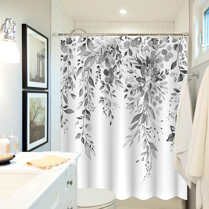 84 Inch Extra Long Gray and White Eucalyptus Shower Curtain Watercolor Grey Floral Plant Leaf Shower Curtains for Bathroom Flower Waterproof Fabric Bath Curtain with Hooks (Black, 72'' x 84'')
