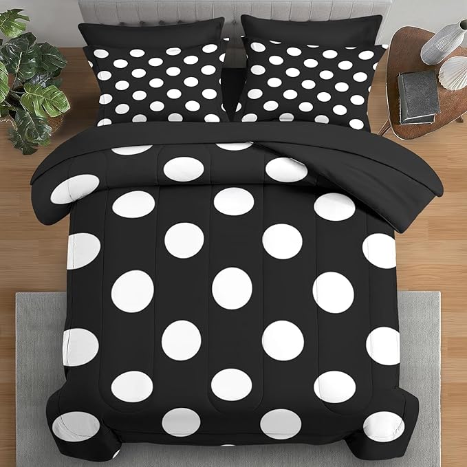 Comforter Set Twin Size, Polka Dot 5 Pcs Bedding for Kids and Adults, Black and White Bed Sheet Sets with Fitted Sheet Pillowcase & Sham for Bedroom Bed Decor