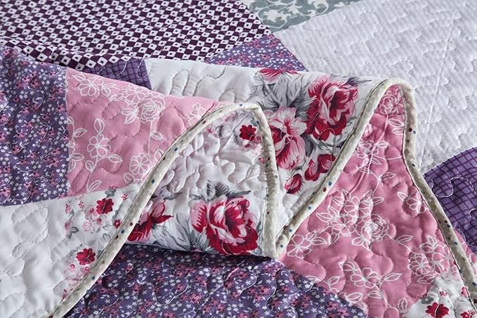 Travan Bedspread Quilt Set 3-Piece Lightweight Coverlet Set with Shams Reversible Quilted Bedding Set for All Season, Purple Floral, Queen Size