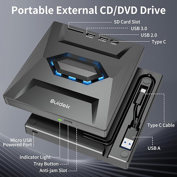External CD DVD Drive for Laptop, USB C Portable CD/DVD +/-RW Burner DVD Player with SD Card Reader USB 3.0 Type C Hub Compatible with Laptop PC Windows Linux