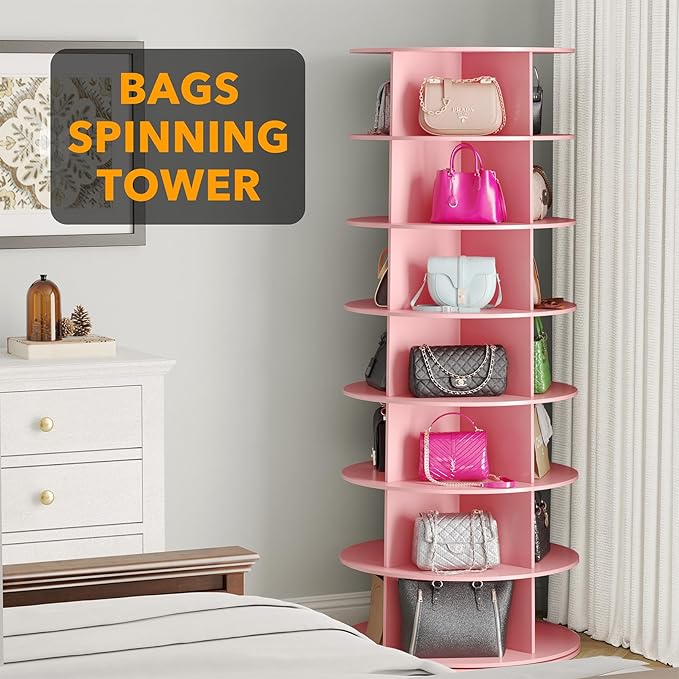 SpaceAid 7 Tier Rotating Shoe Rack Tower, Spinning Shoe Display Lazy Susan, Revolving 360 Shoe Rack Storage Round Carousel, Vertical Handbag Rotate Shoes Closet Organization (7-Tier Pink)