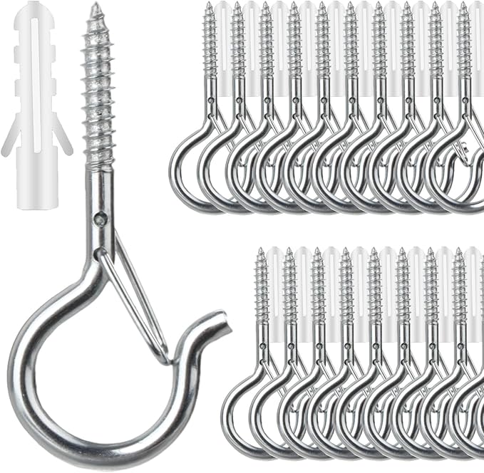 25 PCS Screw-in Hooks for Outdoor String Lights, Q Hangers Hooks Outdoor for Outside, Swivel Hanging Basket Patio Light Hooks with Safe Buckle Screw in Planter Eye Hook for Wall Ceiling, Silver