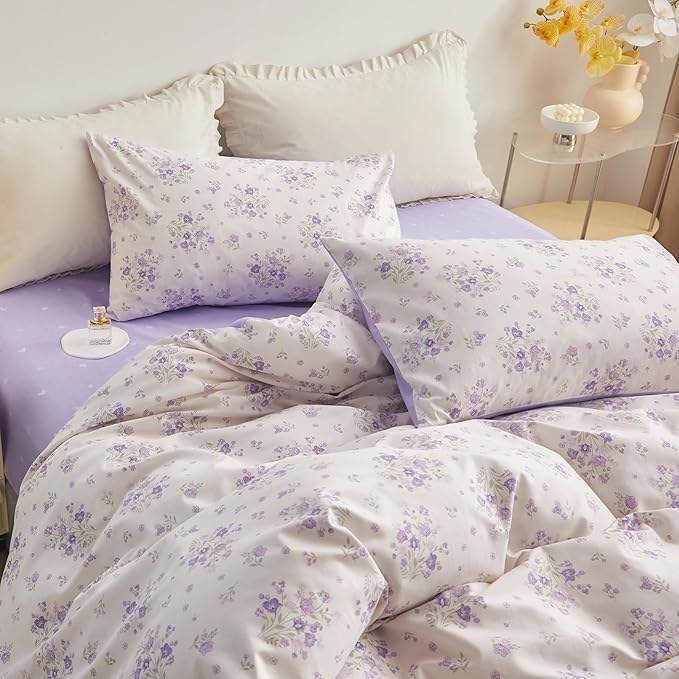 Purple Floral Duvet Cover King Garden Style Purple Flower Comforter Cover 100% Cotton Floral Bedding Set 1 Duvet Cover with 2 Pillowcases Vintage Botanical Aesthetic Comforter Cover with Zipper Ties