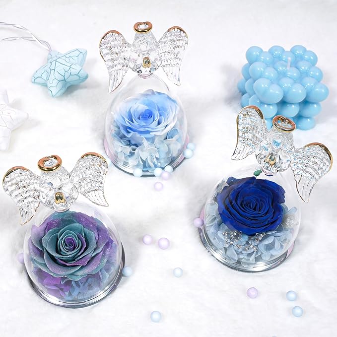 Yamonic Valentines Day Gifts for Her, Angel Figurines with Real Rose Gifts for Her Mom Grandma, Preserved Flowers Rose Angel Figurines for Mothers Day Christmas Anniversary Birthday Gifts for Her