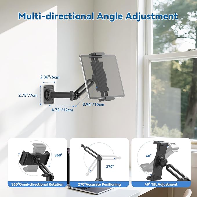 KDD Tablet Wall Mount Holder, Adjustable Extendable Arm iPad Wall Stand with Sturdy Metal Base, 360°Rotating Phone Tablet Bracket Fits iPad Pro Air Mini, Galaxy Tab, All 4.7-13" Phones and Tablets
