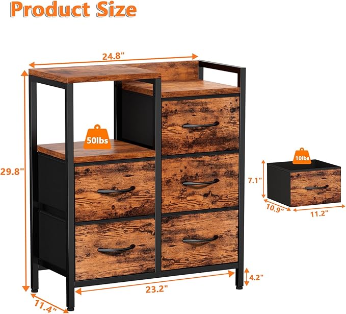 Furnulem 5 Drawer Rustic Brown Dressers for Bedroom 2 Tier Shelf Storage Small Fabric Dresser for Closet Sturdy Metal Frame Modern Style Storage Cabinets Organization Units for Hallway Rooms