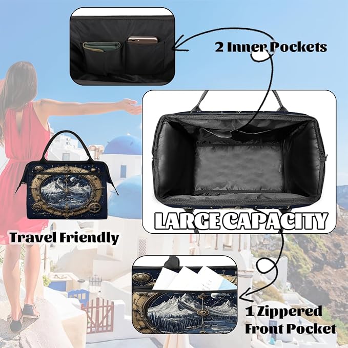 Multipurpose Duffle Bag, Waterproof Carry On Bag with Spacious Design, Retro Compass Mountain Gym Bags, 15.2x8.3x11.6in