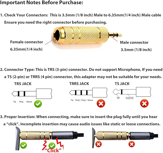 WISYIFIL 1/4 to 3.5mm Auxiliary Audio Adapter, Gold Plated, Resist Corrosion, Good Anti-Interference, Low Signal Attenuation, Durable, Male to Female Connector, 2 Pack