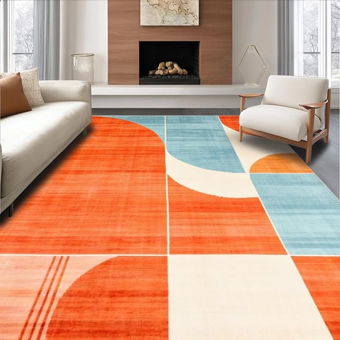 Flatwoven High Traffic Area Rug 8x10, Mid Century Modern Artistic Abstract with Geometric Elements, Non Slip, Stain Resistant, Washable Area Rugs for Living Room, Bedroom (Orange, 8x10)