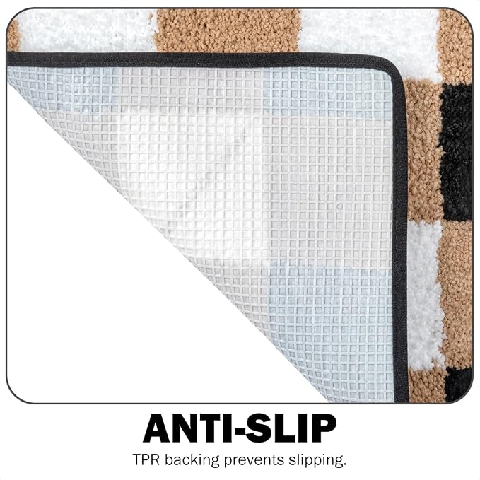 U Shape Checkered Bath Mat - Super Absorbent, Soft and Thick, Rubber Backing Non-Slip, Machine Washable Shower Rug, Bath Mat, Bathroom Home Decor Accessories, 20"x22" (50x55cm), Brown