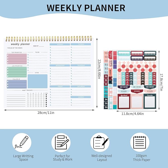 Weekly To Do List Notepad, 8.5''x11'' Weekly Desk Planner with 52 Tear Off Sheets Undated Weekly Planner Habit Tracker & Productivity Organizer for Home and Work, Blue
