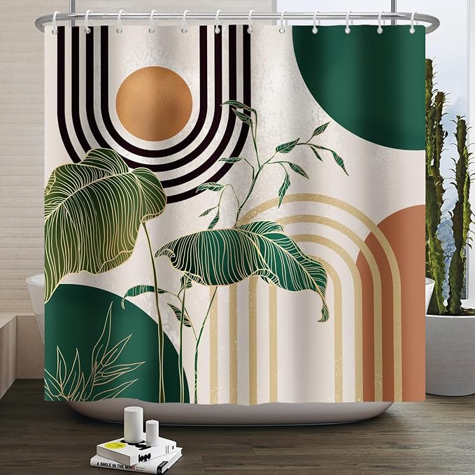 Boho Green Geometric Shower Curtain Bohemian Abstract Mid Century Tropical Bathroom Curtain Minimalist Modern Palm Leaf Shower Curtain Sets for Bathroom Extra Long 60x72 in with 10 Hooks