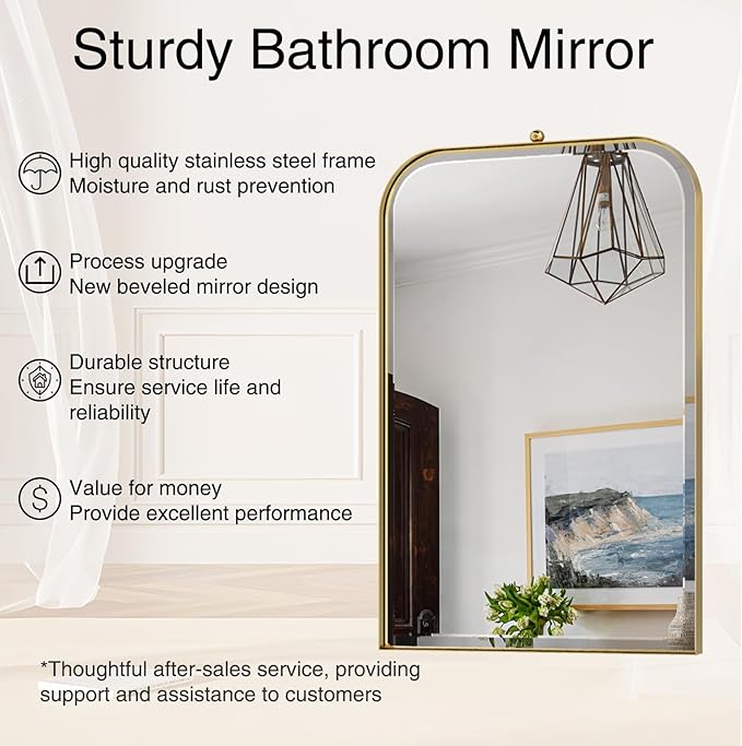 POZINO Brushed Gold Beveled Mirror, 20"x30" Bathroom Vanity Mirror with Stainless Steel Frame, Modern Rectangle Aesthetic Wall Mirrors for Entryway Hallway Bedroom Living Room Fireplace
