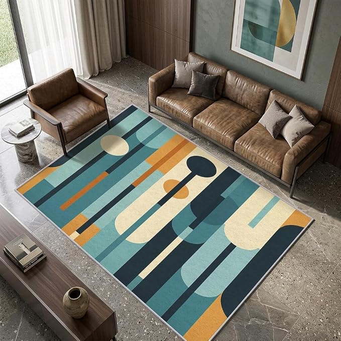 Mid Century Rug 3x5, Washable Modern Geometric Rugs for Living Room Bedroom, Abstract Mid-Century Area Rug for Home Decor, Non Slip Backing Floor Carpet - 3 x 5 ft