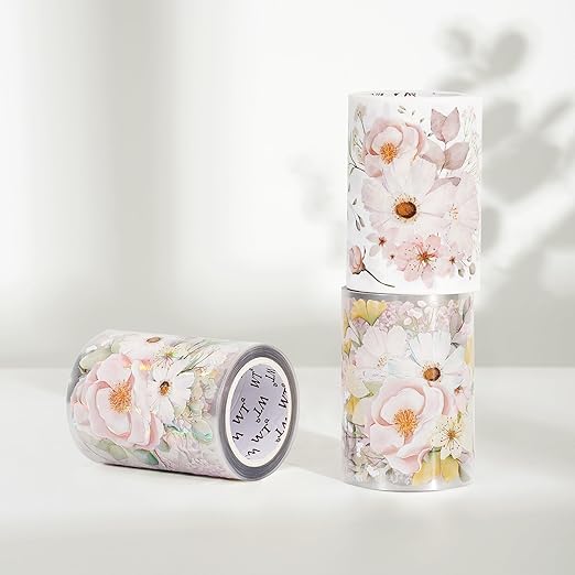 WT Blush Wide PET Tape, Single Roll, Original Designs, Watercolor Pink Floral Decorative Tape, Transparent Adhesive for Journaling, Scrapbooking, Bujo Planner DIY Craft Supplies