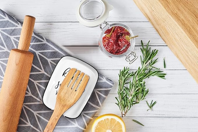 Ceramic Spoon Rest for Kitchens Stove Top Counter, Funny This Kitchen is Seasoned with Love White Spoon Holders for Chef, Mom, Grandma, Modern Farmhouse Kitchens Cute Decor Gift