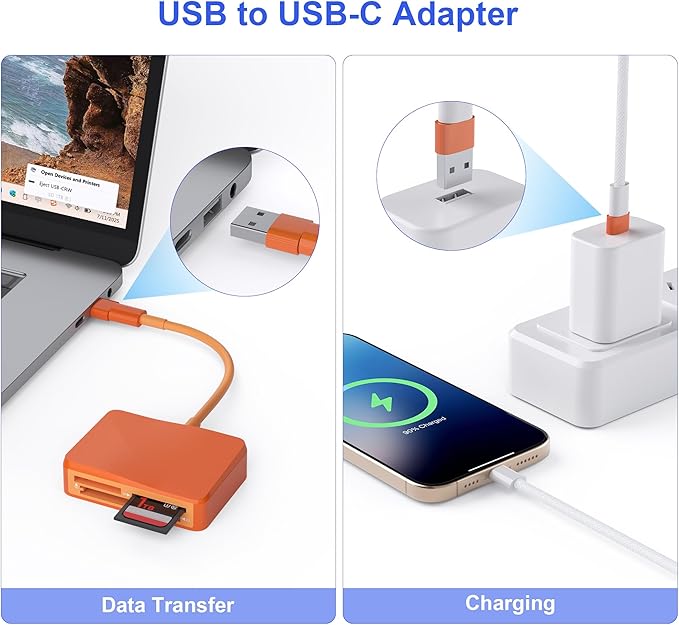 SD Card Reader, 4 in 1 USB C to SD/TF/CF/MS Card Reader with USB to USB C Adapter Memroy Card Reader for iPhone 17/16/15 Pro Max iPad Pro MacBook Pro/Air iMac M4/M3 Android Phone/Tablet PC (Orange)