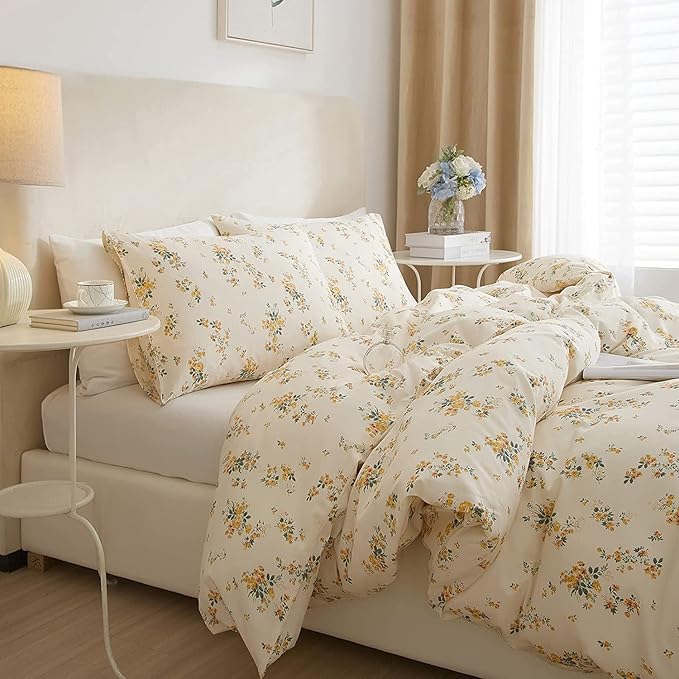 HighBuy French Botanical Comforter Set Full Yellow Floral Printed Bedding Comforter Set with 2 Pillowcases for Full Bed Set 3 Piece Fluffy Comfy Comforter Sets Cute Floral Luxury Soft