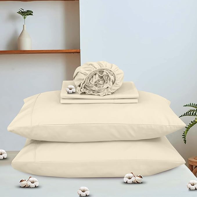 RUVANTI 100% Organic Cotton Sheets California King, Percale Weave, GOTS Certified, 4-Piece Set, Deep Pocket 13", Crisp & Breathable, Soft Durable Bedding, Sábanas Algodón Orgánico – Cloud Cream