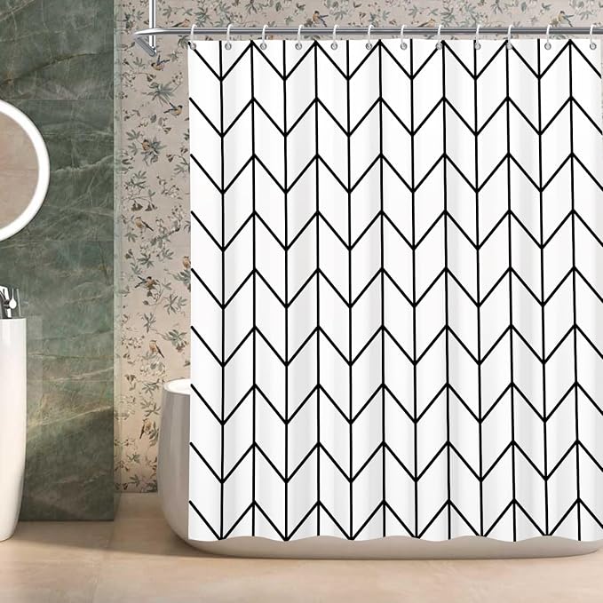Boho Herringbone Shower Curtains Black White Zig Zag Geometric Bathroom Curtain Minimalist Abstract Polyester Shower Curtain Sets for Bathroom Extra Long 69x70 in with 12 Hooks