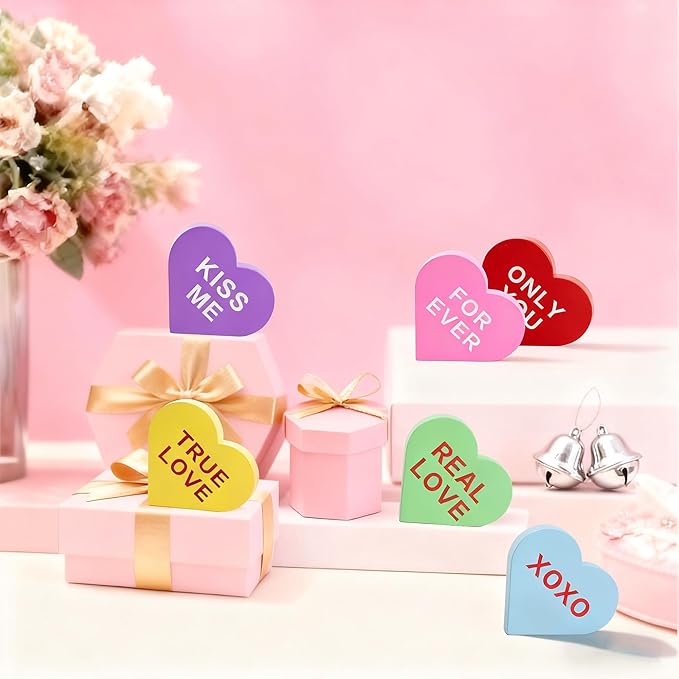Valentines Day Wooden Heart Table Decor, 6PCS Double-Sided Conversation Heart Signs for Tiered Tray, Rustic Farmhouse Freestanding Wood Blocks, Valentine's Day Wedding Party Decorations and Gifts