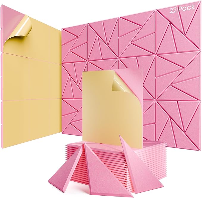 22 Pack Acoustic Panels with Self-Adhesive, 12"X 12"X 0.4"Sound Proof Foam Panels, Sound Panels High Density, Soundproof Wall Panels for Home Studio Office Pink