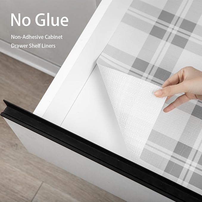 Drawer Shelf Liner for Kitchen Cabinets, Non Adhesive Slip Resistant Shelf Paper Easy to Clean, Strong Grip Thickened Waterproof Washable Mat for Pantry Shelves Cupboard Dresser, Grey, 17.5 in x 10 FT
