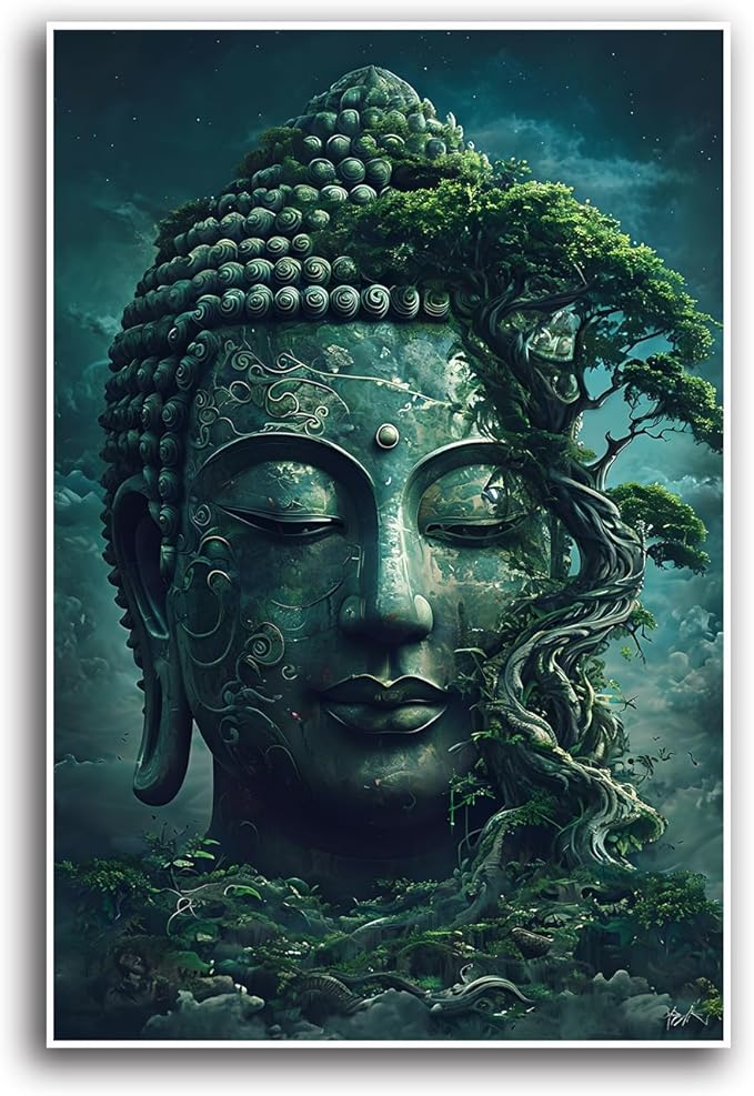 Buddha statue wall art canvas wall decor aesthetic picture mystical nature art for tranquil home and spiritual space 16x24in Frameless