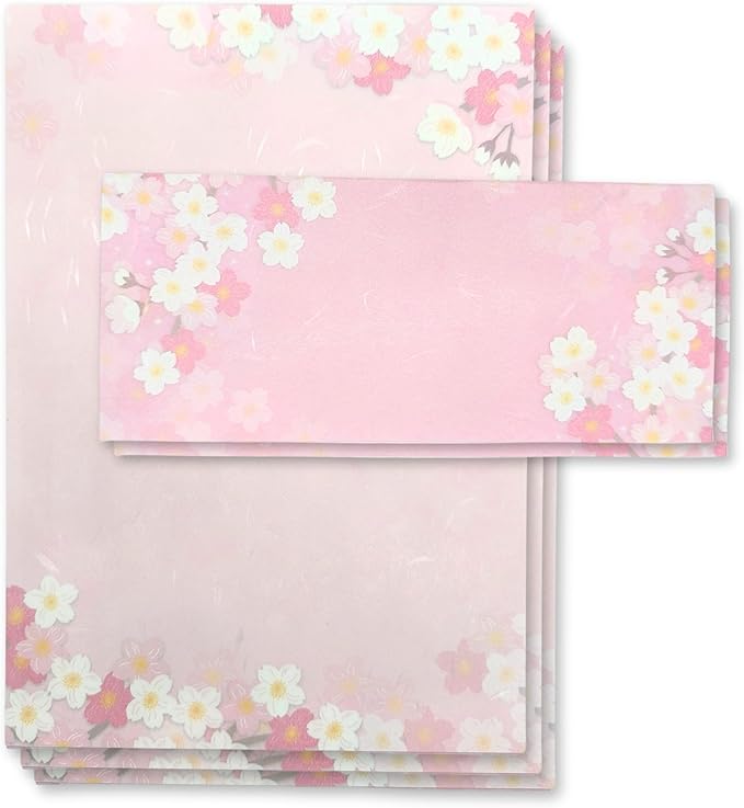 Japanese Cherry Blossom Stationery Paper and Envelopes Set, Made in Japan,15 Sheets, 8 Envelopes (Dark Pink), Elegant Washi Paper for Writing Crafts,Gift